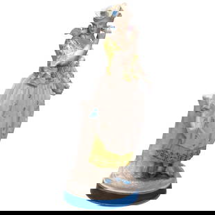 12" German Hand Painted Porcelain Maiden Figure, Manner of Meissen, C1900: An antique German porcelain Meissen School figure depicts hand painted maiden in countryside setting, signed on base as photographed, circa 1900. Measures: 12" H x 4.5" W x 4.5" D. A finely crafted Me