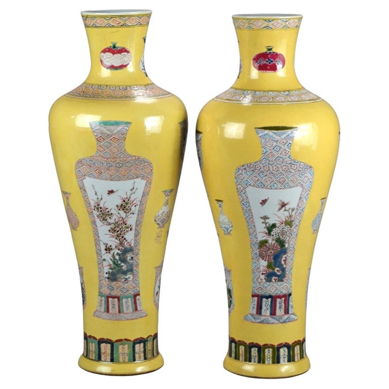 Pair Chinese Famille Rose Porcelain Vases with Vessels & Garden Elements 20thC (1 of 9)