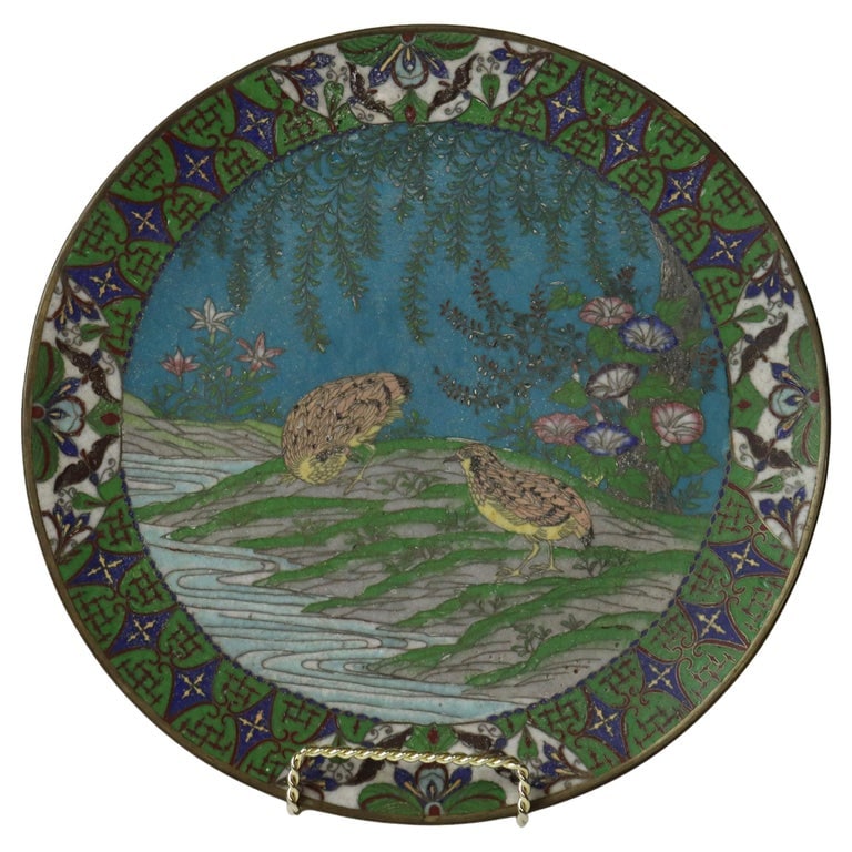 Chinese Figural Bird & Floral Cloisonne Enameled Charger C1920: Antique Chinese Figural Bird & Floral Cloisonne Enameled Charger C1920. Measures - 1"H x 12"Diam. This antique Chinese charger, dating to circa 1920, showcases intricate cloisonné enameling. The desi