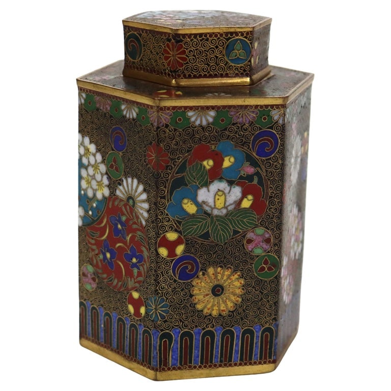 Chinese Cloisonne Enameled Tea Caddy with Garden Flowers C1900 (1 of 8)