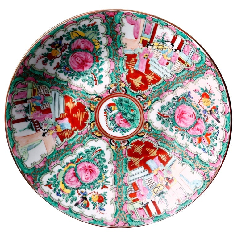 14" Chinese Hand Enameled Rose Medallion Porcelain Charger, 20th Century (1 of 7)