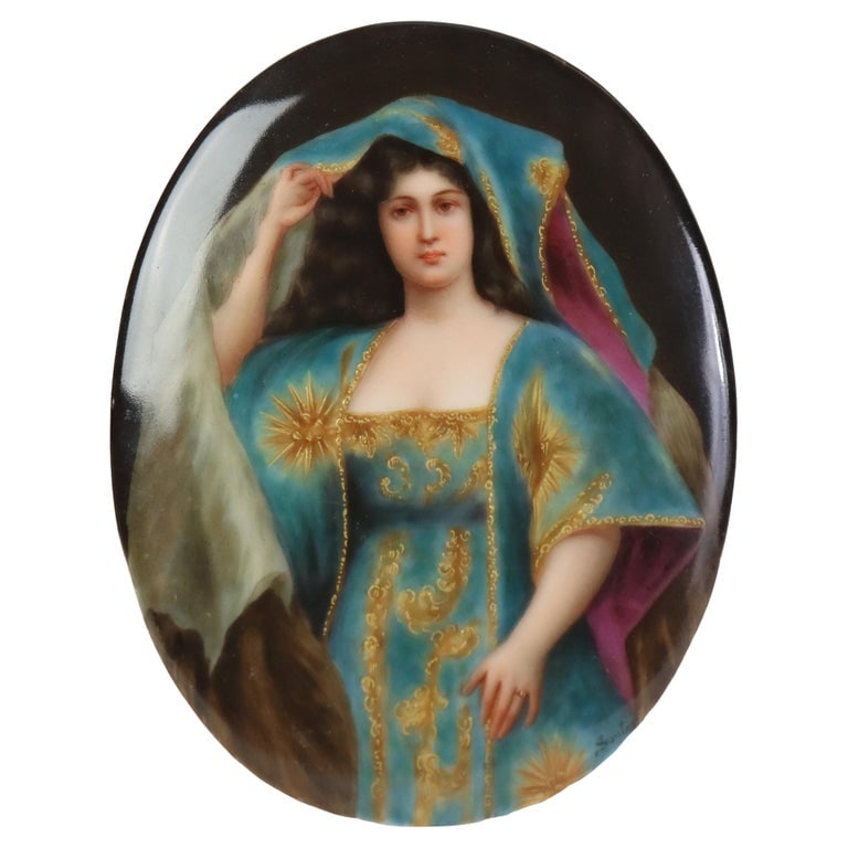 KPM Porcelain Portrait Plaque Of A Woman after Hermann Sontag c1890: Antique KPM Porcelain Portrait Plaque Of A Woman after Hermann Sontag Painting C1890. (5 3/4" x 4 1/4" x 1/4"). A finely crafted antique KPM porcelain portrait plaque depicting a woman, inspired by a