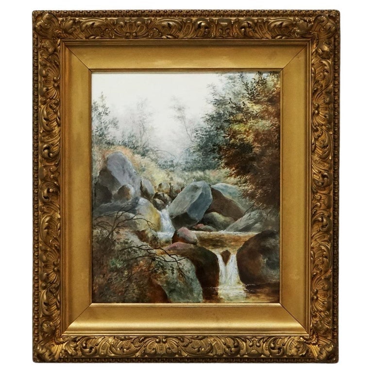 24" KPM Berlin Continental Porcelain Plaque, Landscape with Waterfall, C1880: Antique KPM Berlin Continental Porcelain Plaque, Landscape with Waterfall, C1880. Measures - 24.25"h x 21"w x 3.5"d. *** OPTIONAL SHIPPING & DELIVERY - While onsite retrieval is always welcome at no c