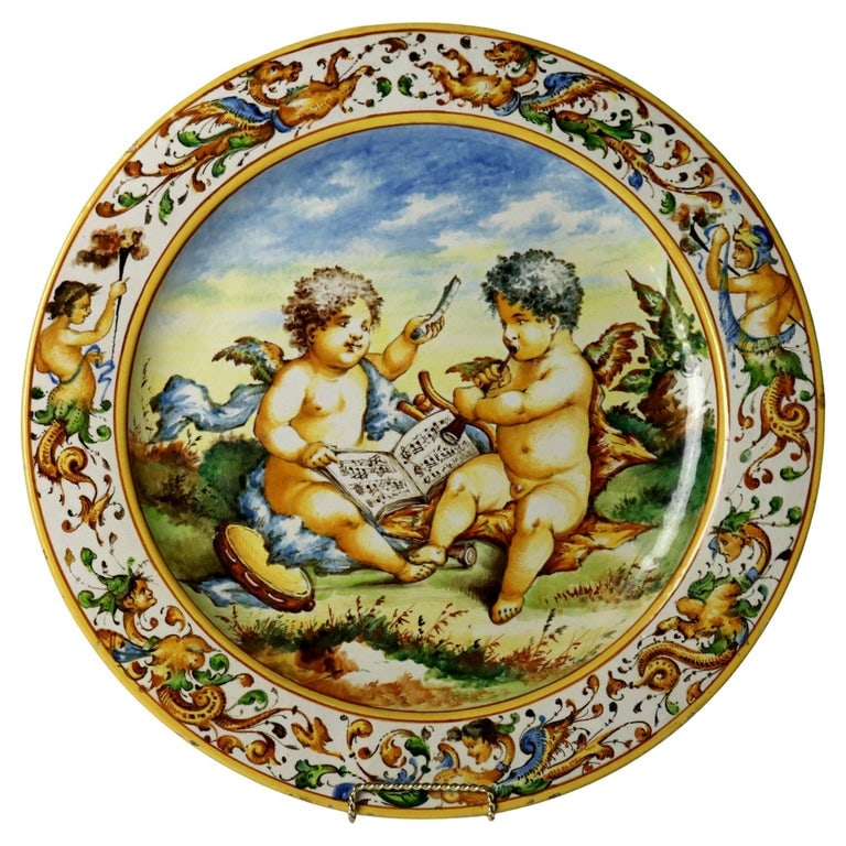 20" Italian Neoclassical Majolica Pottery Charger with Cherubs 19thC (1 of 11)