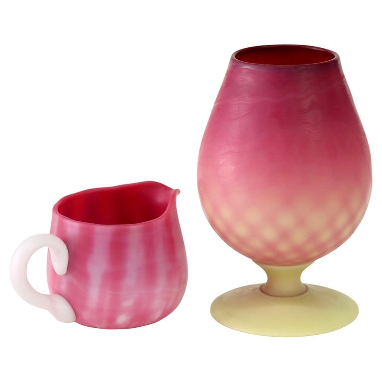 Pairpoint Art Glass Quilted Vase & Creamer C1890: Two Pieces Antique Pairpoint Art Glass, Quilted Vase & Creamer C1890. Measures - 5.5"H x 3.5"W x 3.5"D (Largest). *** OPTIONAL SHIPPING & DELIVERY - While onsite retrieval is always welcome at no char