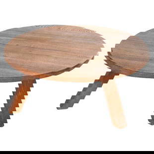 Arts & Crafts 39" Mission Style Oak Low Table 20thC: An Arts and Crafts Mission style low table offers oak construction with round top over splayed square legs, 20th century. Measures - 17.25h x 39.5"diam. *** OPTIONAL SHIPPING & DELIVERY - While onsite