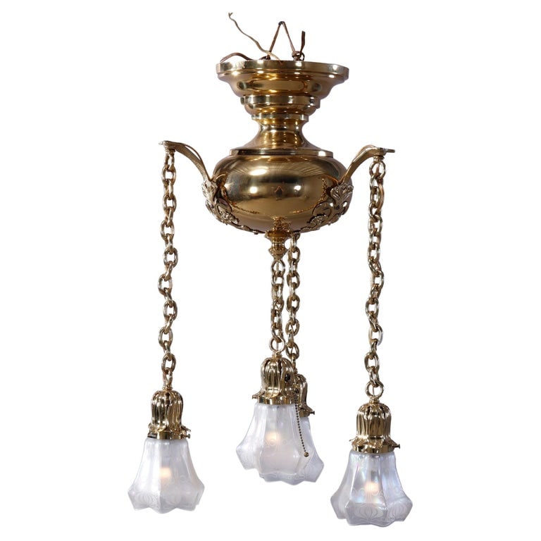 Arts & Crafts Brass & Glass Four-Light Hanging Fixture, Circa 1920 (1 of 9)