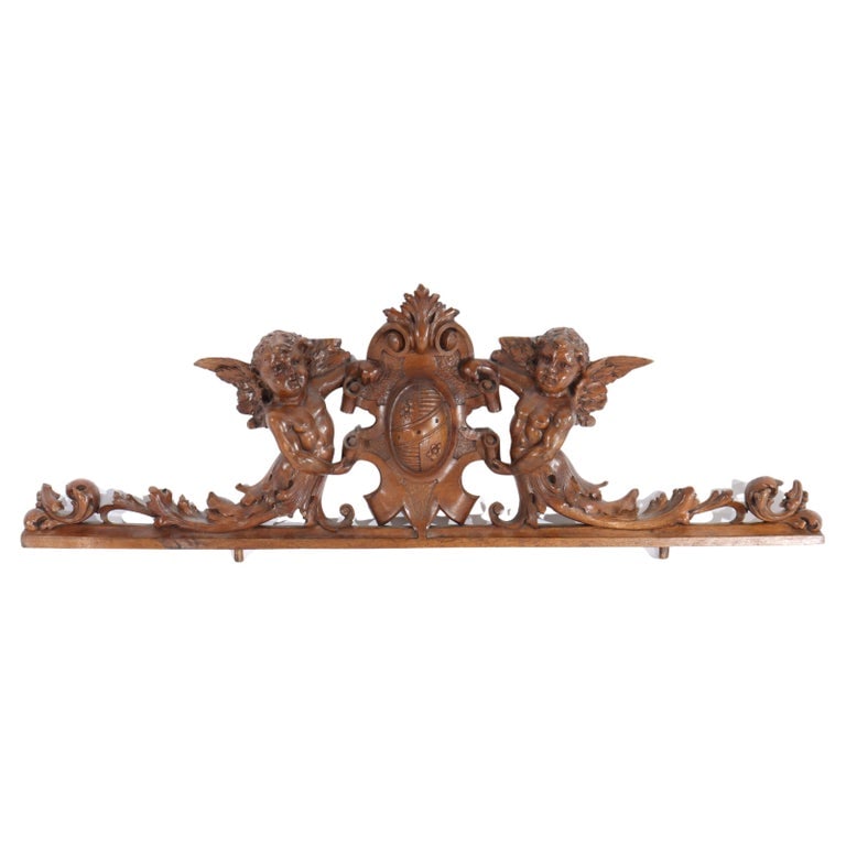Italian Figural Cherub & Crest Carved Walnut Furniture Crest C1880 (1 of 11)