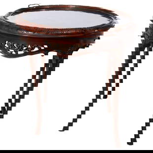 Carved Rosewood & Marquetry Oval Table with Glass Tray C1920: Antique Carved Rosewood & Marquetry Oval Table with Glass Tray C1920. Measures - 20.75"H x 28.75"W x 19"D. This antique oval side table, dating to circa 1920, is crafted from rich rosewood and feature