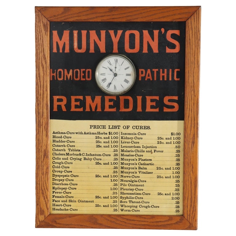 Ansonia Munyon Homeopathic Rems Advertising Oak & Enameled Tin Plate Clock c1910: Antique Ansonia Clock Co. Munyon Advertising Oak & Enameled Tin Plate Clock Signed C1910. Measures - 22 5/8" x 16 5/8" x 2 5/8". This is an antique advertising clock produced by the Ansonia Clock Co. 