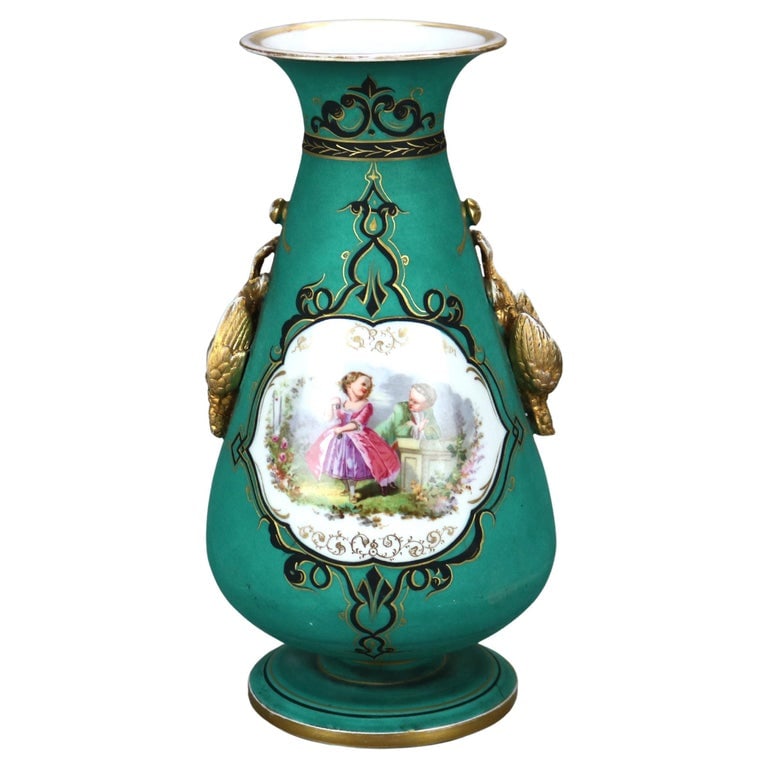 10" French Porcelain Figural & Gilt Hand Painted Vase with Pheasant Handles: Antique French Porcelain Figural & Gilt Hand Painted Vase with Genre Scene & Pheasant Handles c1890. Measures - 10 1/4"h x 5"w x 5"d. *** OPTIONAL SHIPPING & DELIVERY - While onsite retrieval is alway