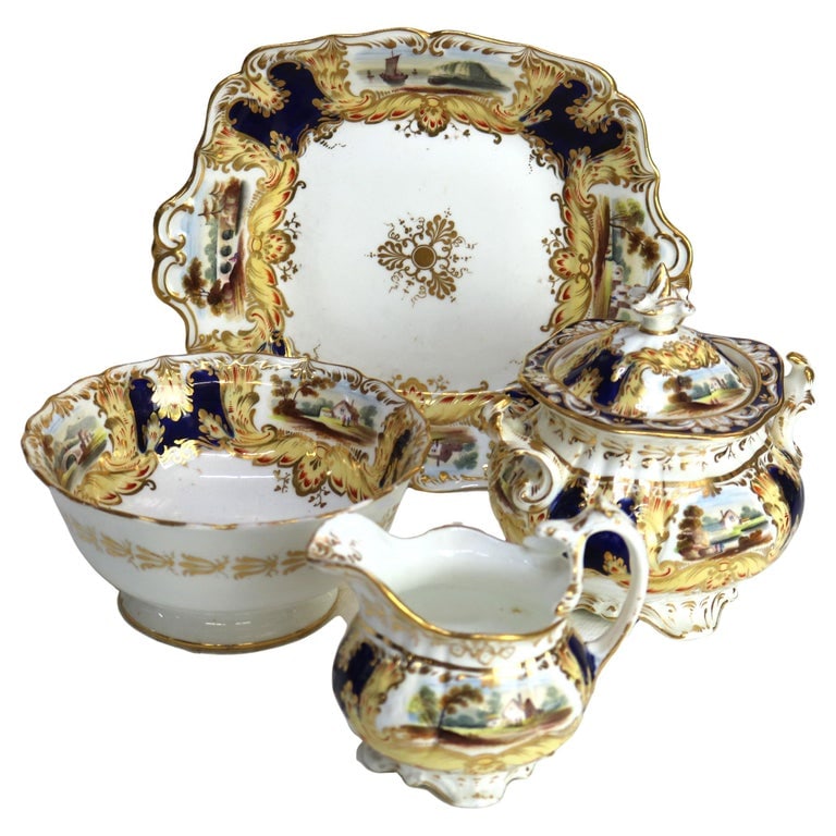 Four Antique Hand Painted & Gilt Porcelain Serving Pieces C1890: Set Of 4 Antique Hand Painted And Gilt Porcelain Serving Pieces C1890. Platter - 10 1/8" x 10 1/8" x 1 1/2"Milk Pitcher - 4 1/2" x 5 3/8" x 5 1/4"Bowl - 7" x 3 1/8" x 7"Covered Bowl - 6 3/8" x 6 1/4"