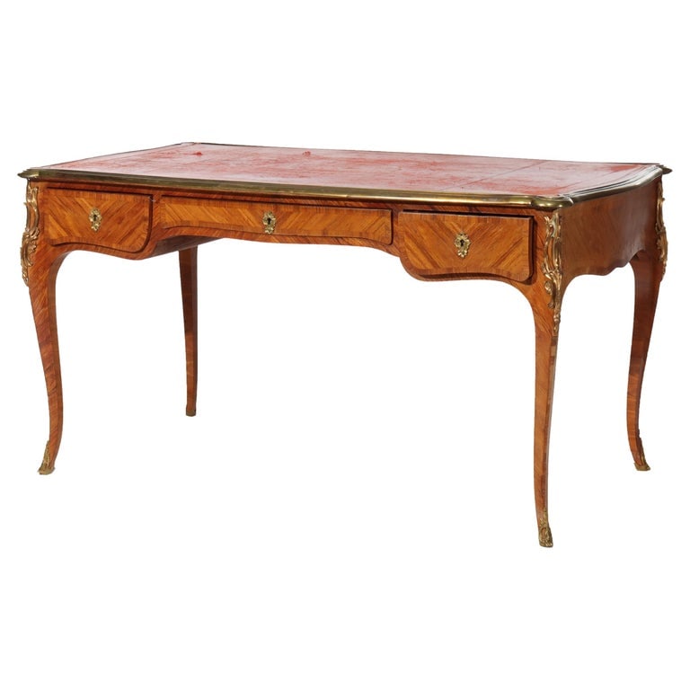 French Louis XV Kingwood, Rosewood & Ormolu Lady’s Desk 19thC: Antique French Louis XV Kingwood, Rosewood & Ormolu Lady’s Desk Unsigned 19thC. Measures - 28 1/2" x 54 3/8" x 30 1/2". A striking 19th-century French Louis XV style lady’s desk crafted from kingw