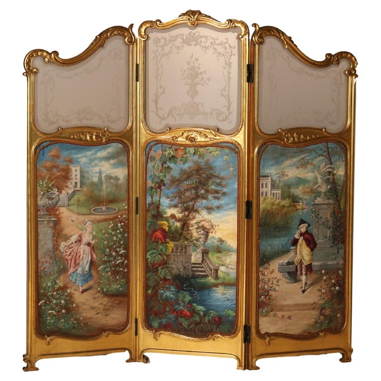 Louis XIV Giltwood & Hand Painted Three Panel Screen C1890: Antique French Louis XIV Gilt Wood Three Panel Screen with Oil on Canvas Paintings & Etched Glass C1890. Measures - 64.5"H x 59.5"W x 1.25"D. This exquisite antique Louis XIV style three-panel screen 
