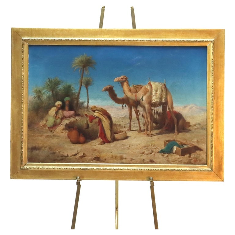 36" Oil On Canvas Persian Desert Oasis Scene, Nomads & Camels, Farsi Signed: Antique Oil On Canvas Persian Desert Oasis Scene With Nomads & Camels Signed C1890. Measures - 36 3/8" x 42 5/8" x 1 3/4". An oil on canvas painting depicting a serene Persian desert oasis scene from 