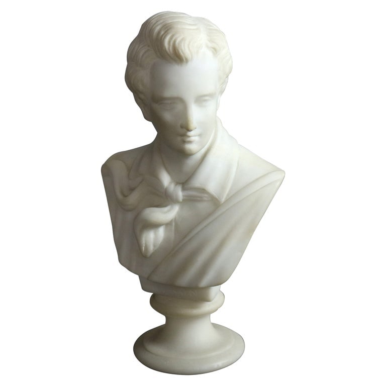Italian Carved Alabaster Bust Sculpture of Lord Biron, C1890: An antique Italian sculpture offers carved alabaster depicting a portrait bust of Lord Biron seated on stepped circular plinth, titled as photographed, c1890. Measures - 8.25''H x 4.5''W x 3''D. *** O