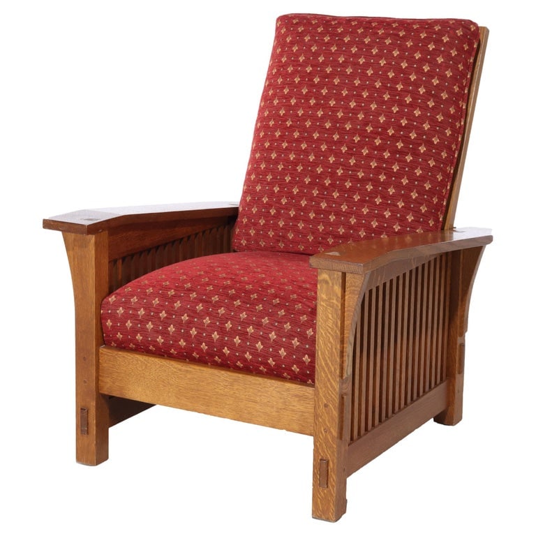 Arts & Crafts Stickley Mission Oak Drop Arm Morris Chair C1991: Stickley Mission Oak Drop Arm Morris Chair Signed C1991. Measures - 40 1/2" x 32 3/4" x 40 3/4". A finely crafted Gustav Stickley Mission Oak Drop Arm Morris Chair, signed and dated circa 1991. This p