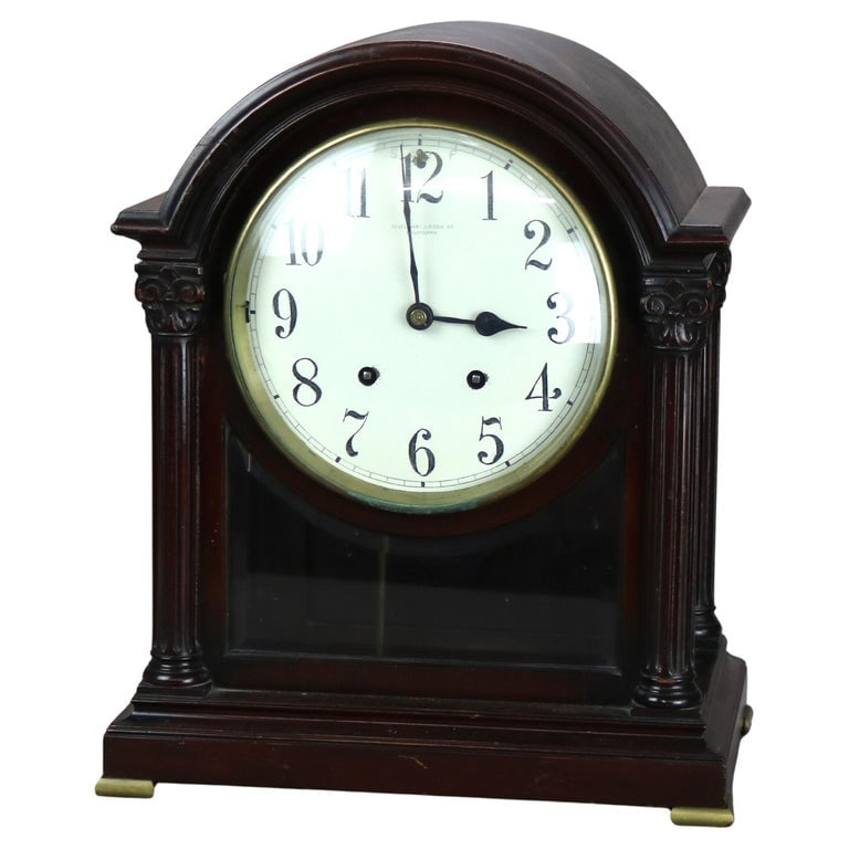 Bailey, Banks and Biddle Neoclassical Mahogany Bracket Clock C1910: Antique Bailey, Banks and Biddle Neoclassical Mahogany Bracket Clock C1910. Measures- 16"H x 13.5"W x 8.25"D. *** OPTIONAL SHIPPING & DELIVERY - While onsite retrieval is always welcome at no charge,