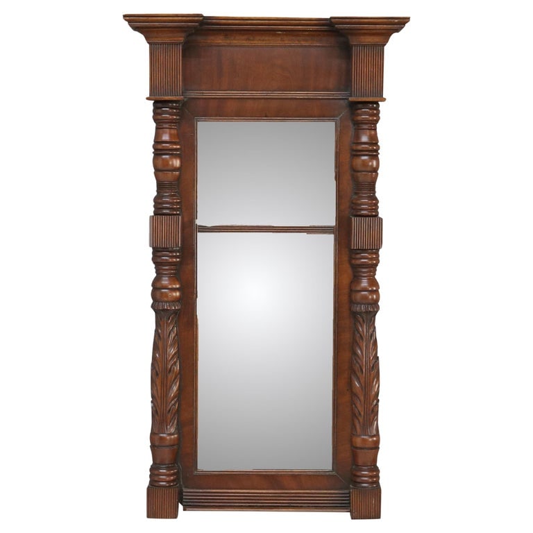American Empire Federal Foliate Carved Mahogany Trumeau Wall Mirror C1835: American Empire Federal Foliate Carved Mahogany Trumeau Wall Mirror C1835. Measures- 45.25"H x 23.5"W x 5.5"D; sight: 32"H x 12.5". *** OPTIONAL SHIPPING & DELIVERY - While onsite retrieval is always