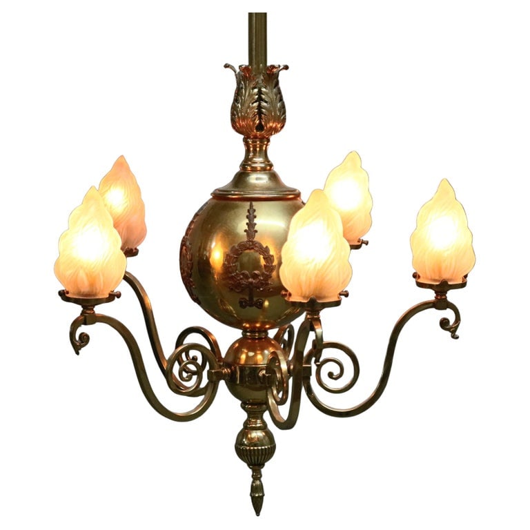 French Empire Brass Globe Chandelier with Flame Form Shades, c1930: French Empire Brass Globe Chandelier with Flame Form Shades, c1930. Measures - 30"h x 19"diam. *** OPTIONAL SHIPPING & DELIVERY - While onsite retrieval is always welcome at no charge, IN-HOUSE SHIPPI