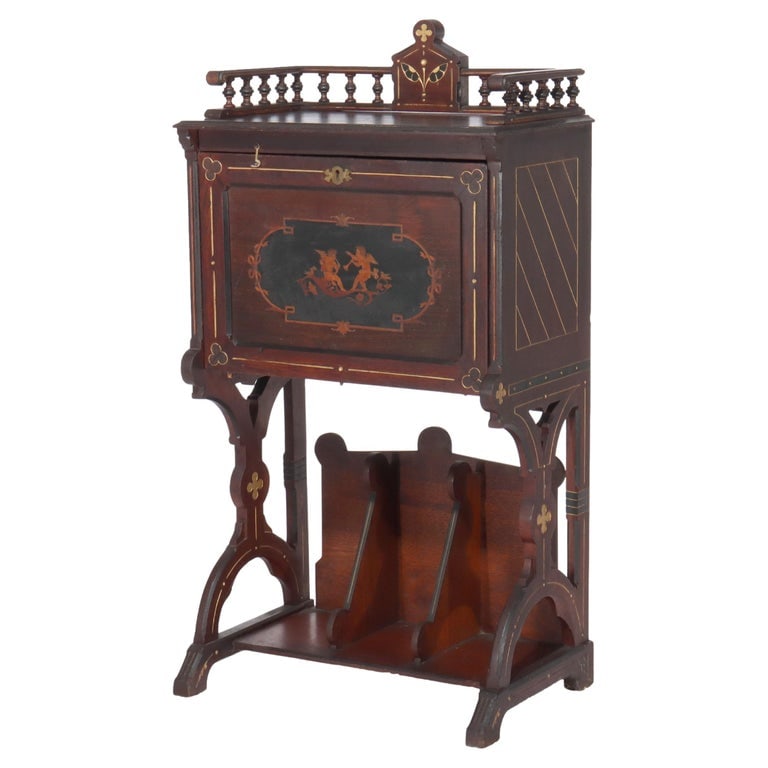 Berkey & Gay Victorian Inlaid Black Walnut & Gilt Drop Front Desk c1890: Antique Berkey & Gay Victorian Inlaid Black Walnut & Gilt Drop Front Desk c1890. Measures - 43.75" x 22" x 15.25". This exquisite Victorian drop front desk attributed to Berkey & Gay is crafted from b