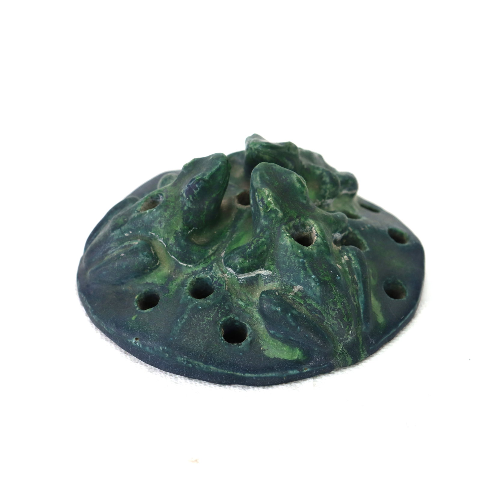 Antique Van Briggle School Figural Flower Frog with Matte Green Glass C1910: Antique Van Briggle School Figural Flower Frog with Matte Green Glaze Unsigned C1920Measures - 2.25"H x 5.5"W x 5.5"DThis antique figural flower frog in the manner of Van Briggle dates back to around 