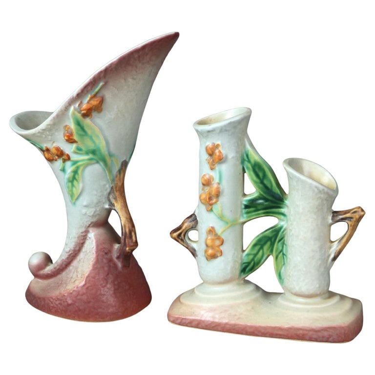 Two Pieces of Blue Roseville Art Pottery with Bittersweet Pattern 20thC: Two Pieces of Light Blue Roseville Art Pottery with Bittersweet Pattern Mid 20thC. Measures - 8.5" x 3.75"x 5.25; 6.25" x 5.5" x 2.5". *** OPTIONAL SHIPPING & DELIVERY - While onsite retrieval is alwa