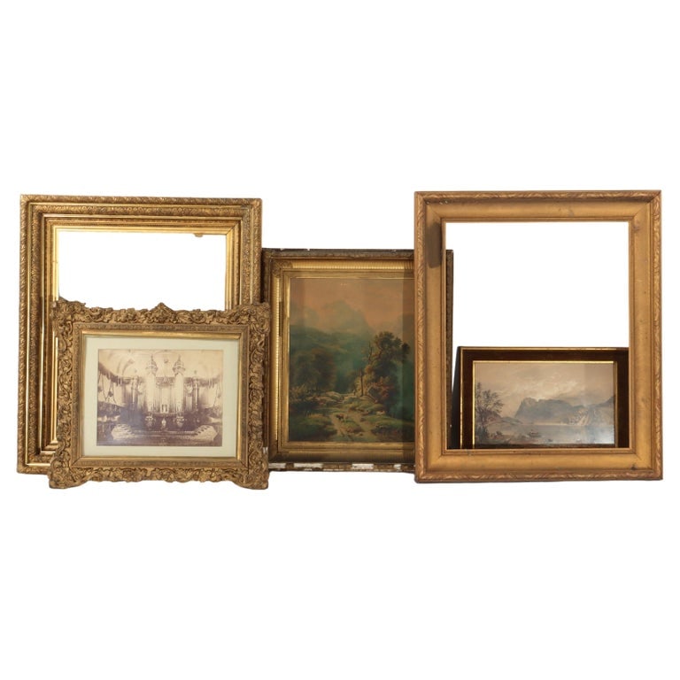 5 Miscellaneous Frames, Prints & Painting: 5 Miscellaneous Frames, Prints & Painting. A diverse collection featuring five items, including ornate and simple frames, prints, and a painting. The frames exhibit a variety of styles, from intricate