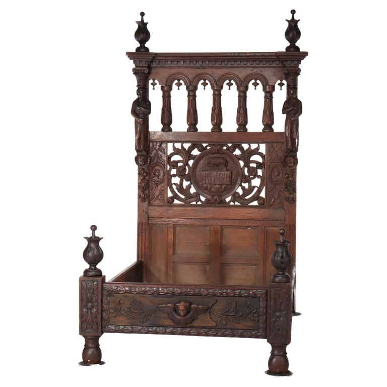 English Baroque Heavily Carved Figural Oak 3/4-Sized Bed Frame 17thC: Antique English Baroque Heavily Carved Figural Oak 3/4-Sized Bed Frame 17thC. Measures - 97 1/2" x 57 3/8" x 83 1/2". An example of 17th-century English Baroque craftsmanship, this antique oak bed fea