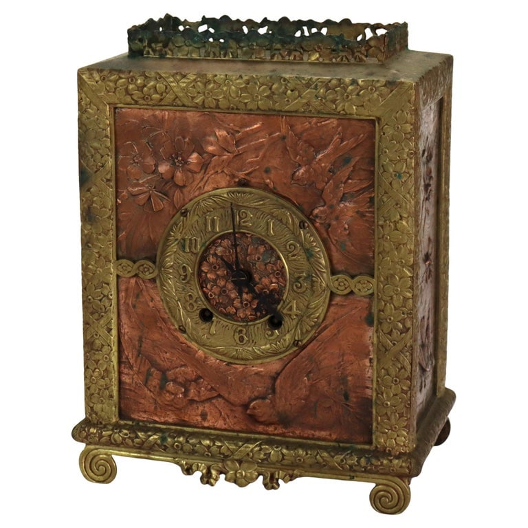 Aesthetic Mixed Metal Bronze & Copper Figural & Floral Mantle Clock c1880 (1 of 14)