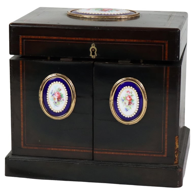 Ebonized & Inlaid Humidor With Sevres Floral Porcelain Plaque c1890 (1 of 11)