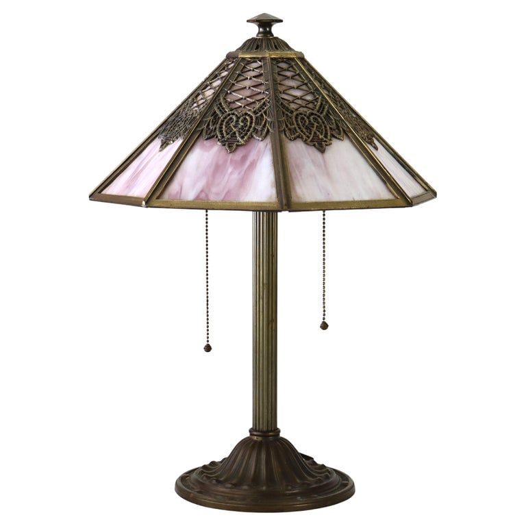Antique Bradley & Hubbard Arts & Crafts 8 Panel Slag Glass Lamp c1920 (1 of 18)