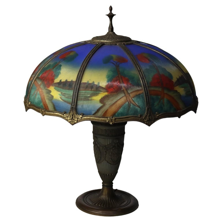 Oversized Arts & Crafts Jefferson School Scenic Reverse Painted Table Lamp c1900 (1 of 10)