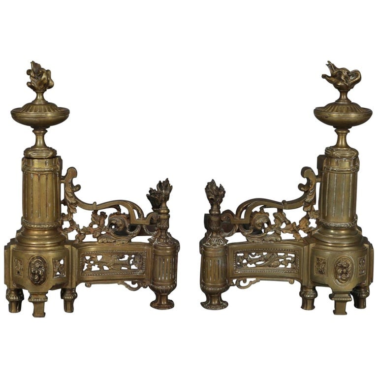 French Louis XIV Brass Fireplace Urn, Scroll and Foliate Chenets c1890 (1 of 8)