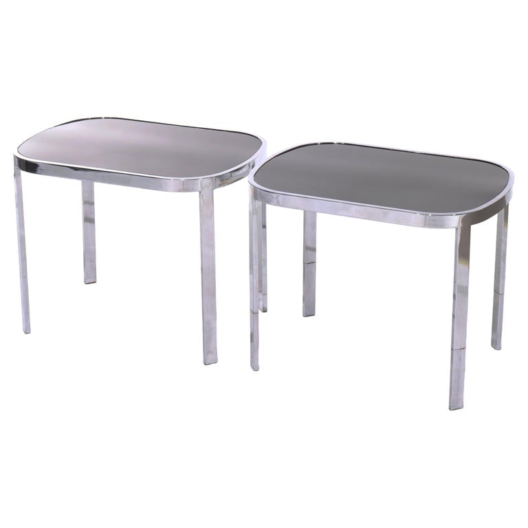 Pair Of Mid Century Modern Chrome & Ebonized Glass Top Tables C1960 (1 of 9)