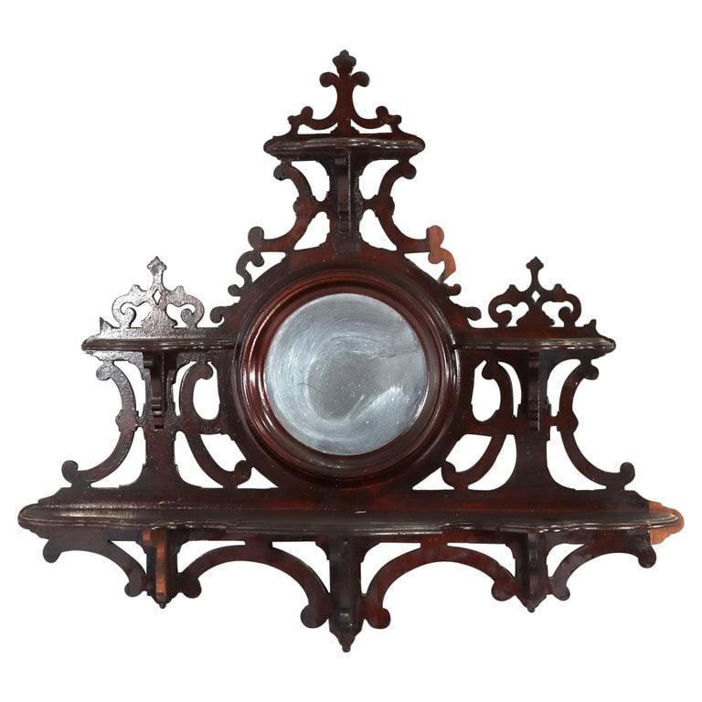 Victorian Walnut Hanging Hall Mirror With Four Shelves c1890 (1 of 7)
