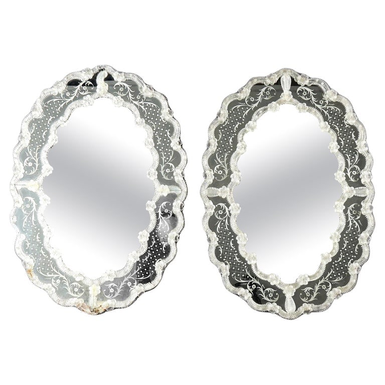 Pair Large Italian Venetian Style Filigree Glass Floral Etched Mirrors 20thC (1 of 7)