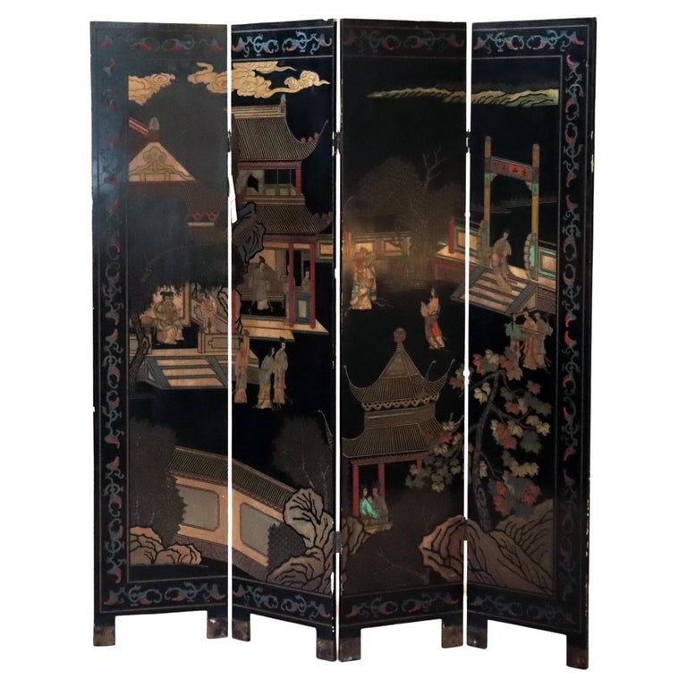 Antique Chinese Carved, Ebonized & Hand Painted Four-Panel Dressing Screen c1930 (1 of 20)