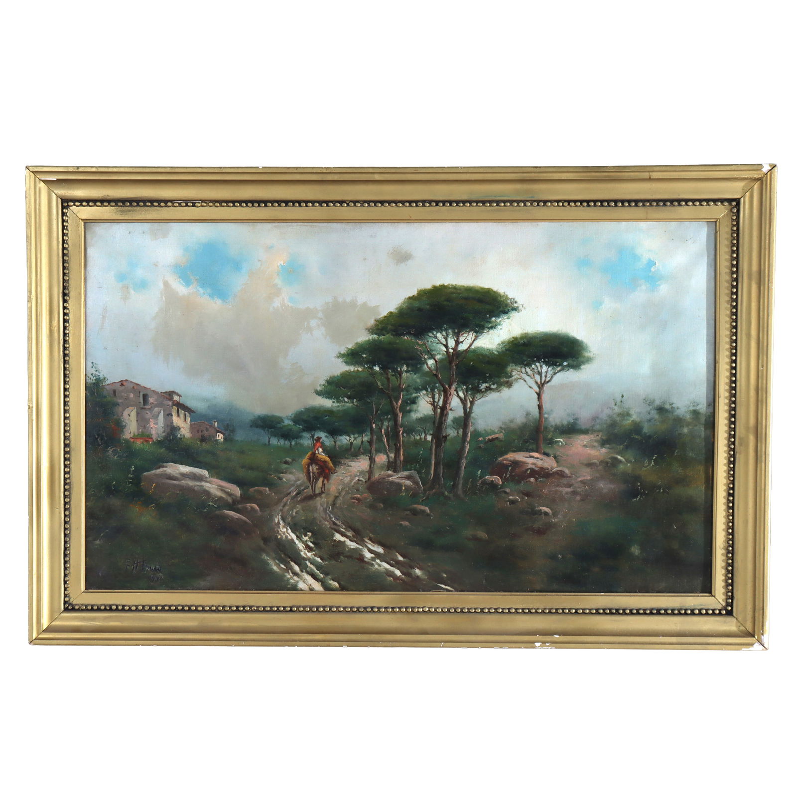 Large Antique Oil on Canvas Landscape Painting C1907: A large antique oil on canvas landscape painting, signed and dated circa 1907. The artwork depicts a rural scene with a lone rider on a path flanked by tall trees and rustic buildings in the backgroun