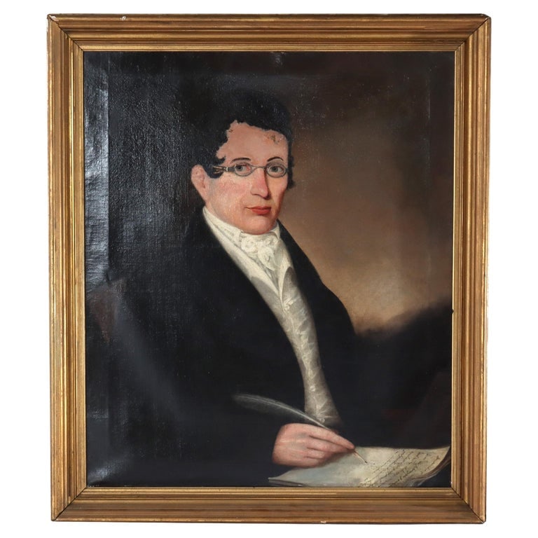 Oil on Canvas Painting, Portrait of A Scholar, C1830: This antique oil on canvas painting, dating to circa 1830, features a portrait of a scholar. The subject is depicted with a quill in hand, suggesting a connection to academia or literature and is fram