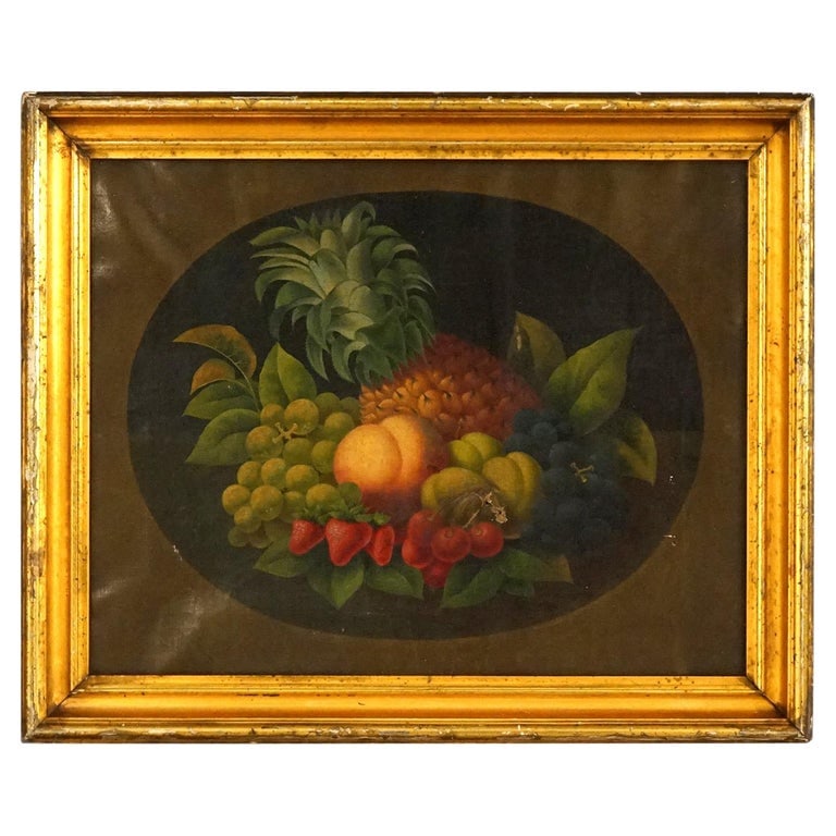 Antique Rosen Style Folk Art Fruit Still Life Oil on Canvas Painting, C1830 (1 of 10)