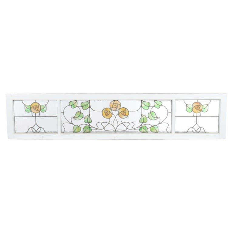 Arts & Crafts Stained Glass Transom Window with Stylized Yellow Roses c1920 (1 of 14)