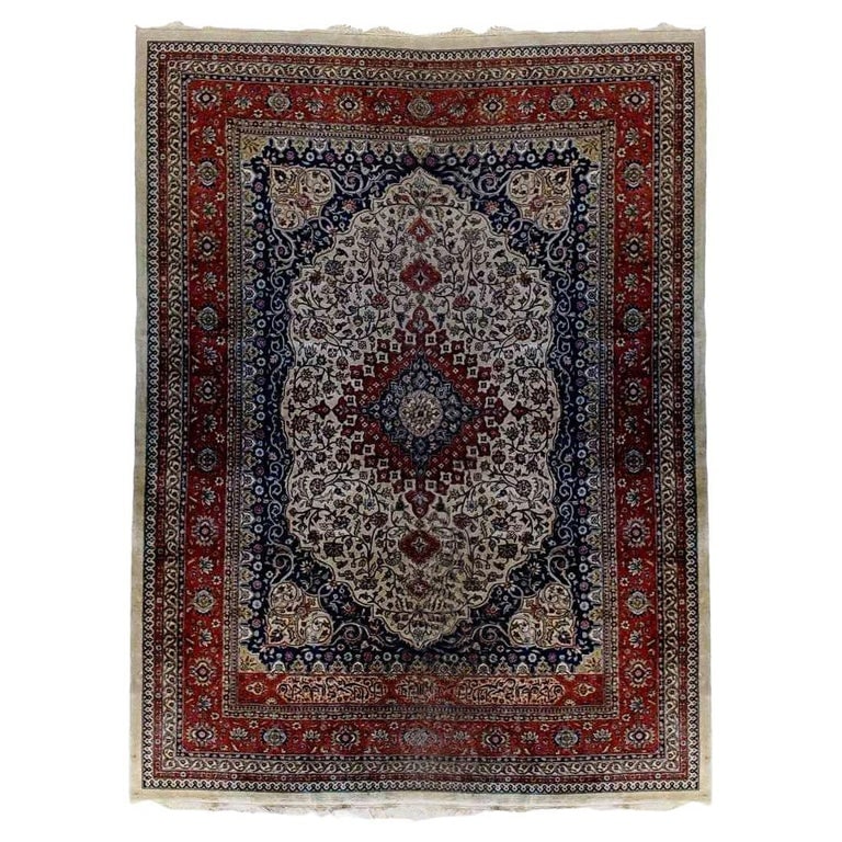 Tabriz Persian Oriental Wool Carpet with Farci Inscribed Cartouche C1940: A striking vintage Tabriz Persian Oriental carpet, dating to circa 1940. This piece features intricate inscribed cartouche, showcasing the craftsmanship typical of Tabriz rugs. The carpet displays a r