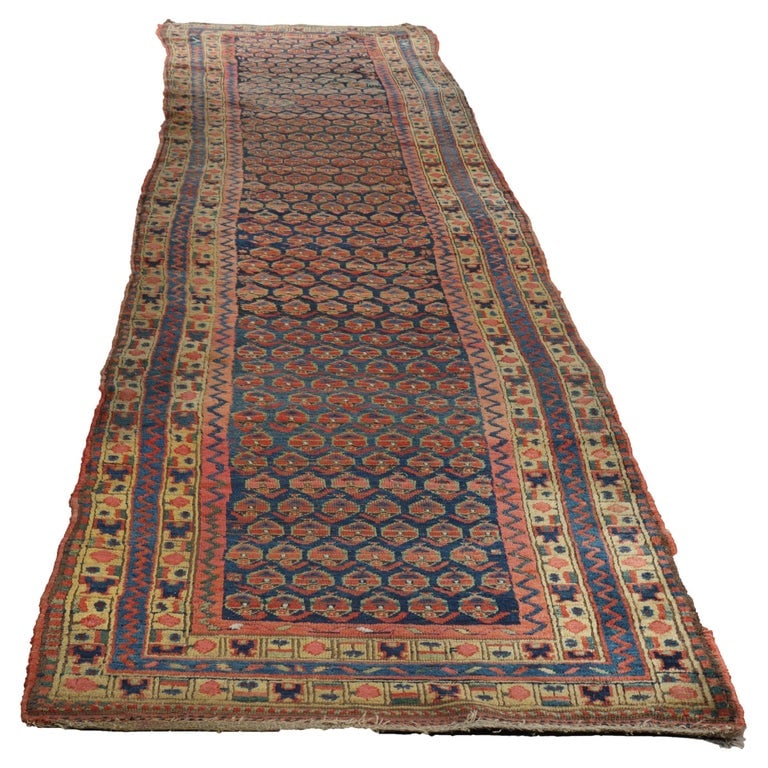 Persian Kurdish Wool Rug Runner with Boteh Pattern C1920: This exquisite antique Farahan Sarouk Persian rug, dating to circa 1920, showcases the intricate craftsmanship and rich design typical of Persian rugs from this era. The rug features a harmonious