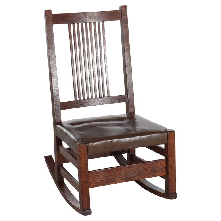Gustav Stickley Arts & Crafts Mission Oak & Leather Rocking Chair c1920 (1 of 6)