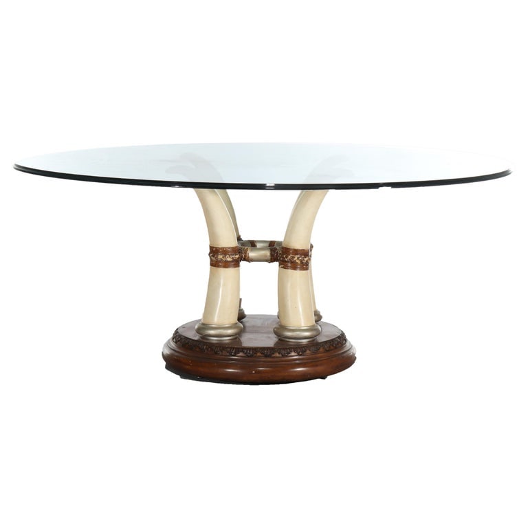 Exotic Vintage Carved Faux Elephant Tusk Glass Top Dining Table 20thC (1 of 13)