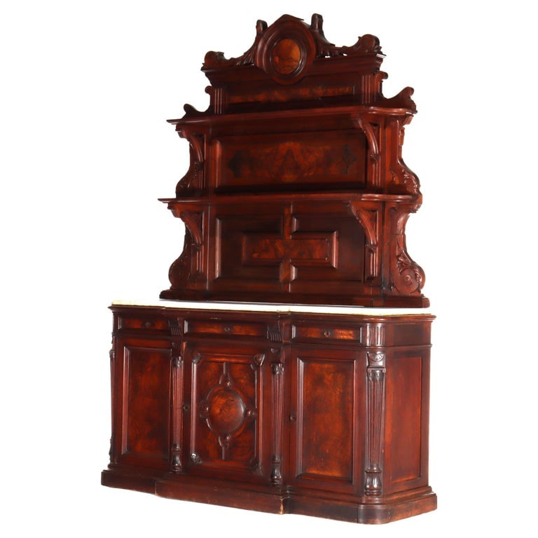 Berkey & Gay Renaissance Revival Walnut, Burl & Marble Sideboard c1890 (1 of 16)