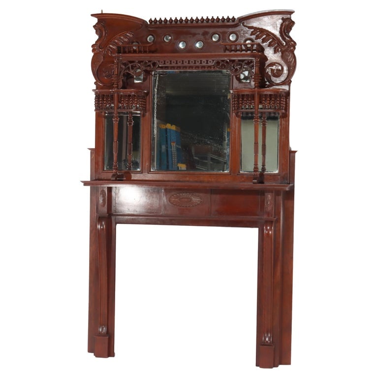 Horner School Figural Carved Cherry Stick & Ball Mirrored Fireplace Mantel c1900 (1 of 20)