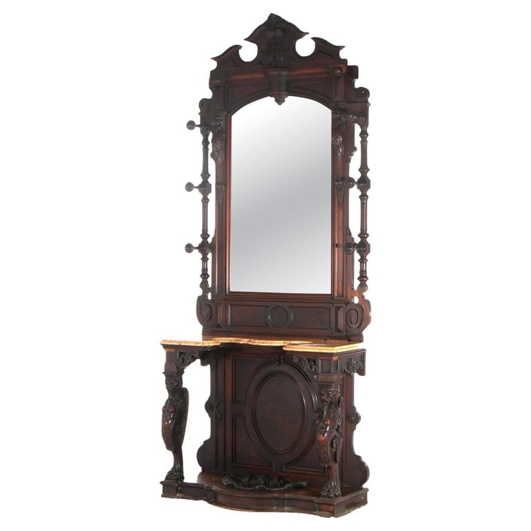 Renaissance Revival Carved Walnut Figural Marble Top Hall Tree C1880 (1 of 20)