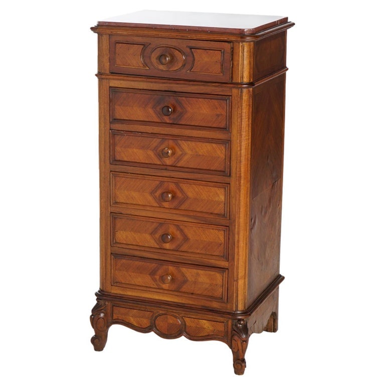 Antique French Louis XVI Carved Walnut, Kingwood & Marble Zinc Lined Chest 19thC: This 19th-century French Louis XVI chest showcases the craftsmanship of the period. Made from carved walnut and kingwood, it features a marble top and is zinc-lined, indicative of its high-quality con